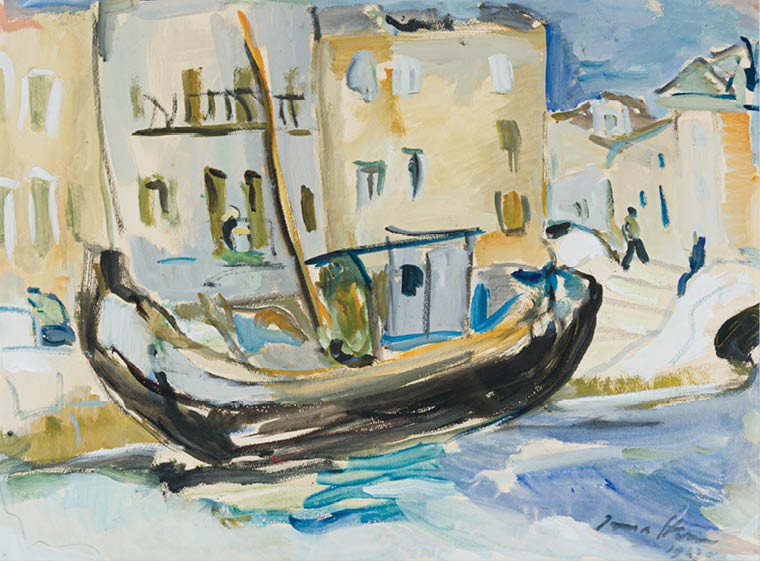 A boat is painted in a blue and white color scheme. Description generated by AI