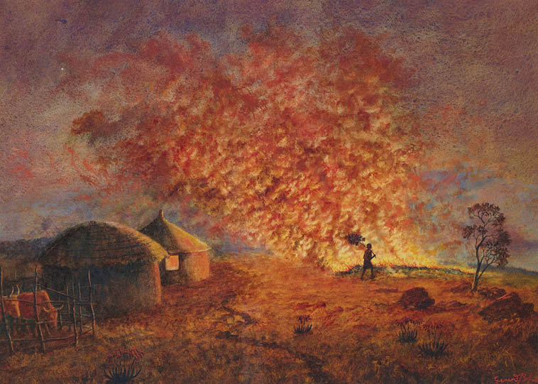 A man is standing in front of a fire. Description generated by AI