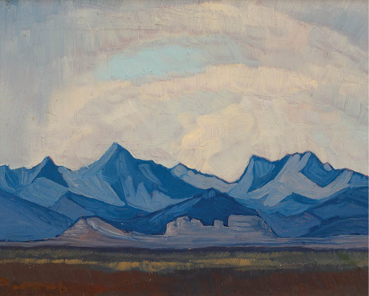 A painting of a mountain range with a blue sky. Description generated by AI