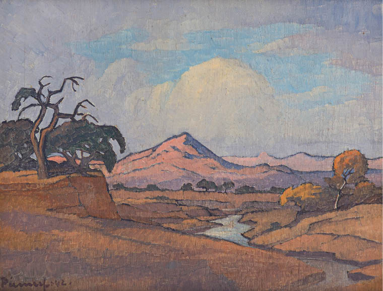 A painting of a mountain with a river flowing through it.