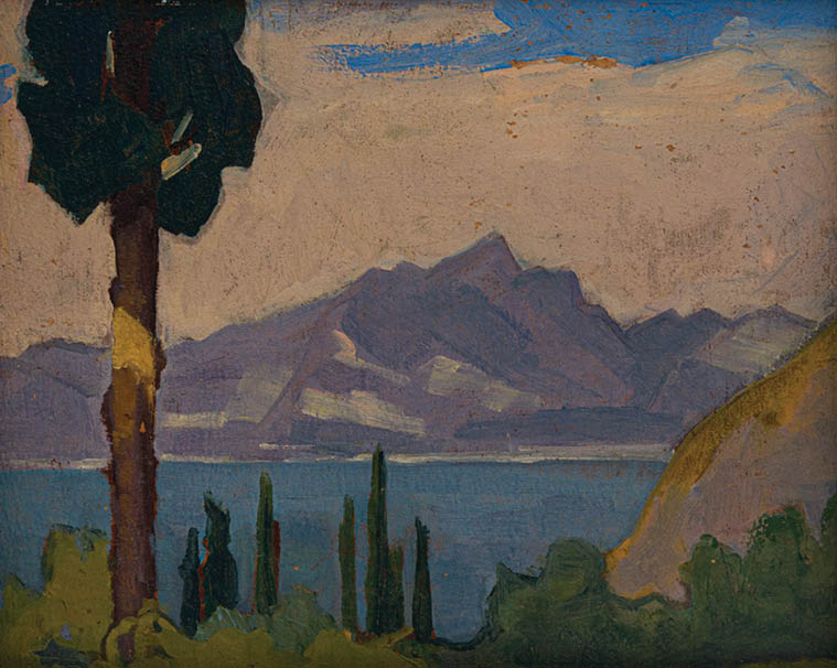 A painting of a mountain range with a tree in the foreground. Description generated by AI