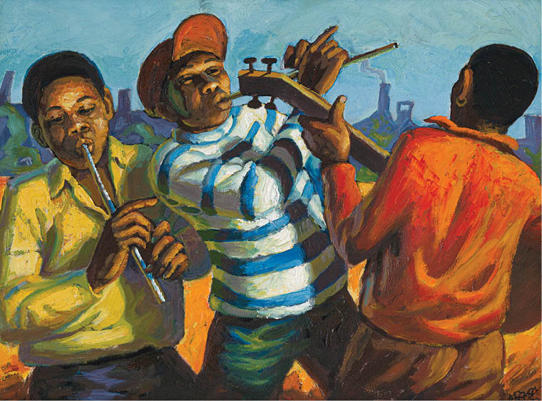 Three men playing music. Description generated by AI