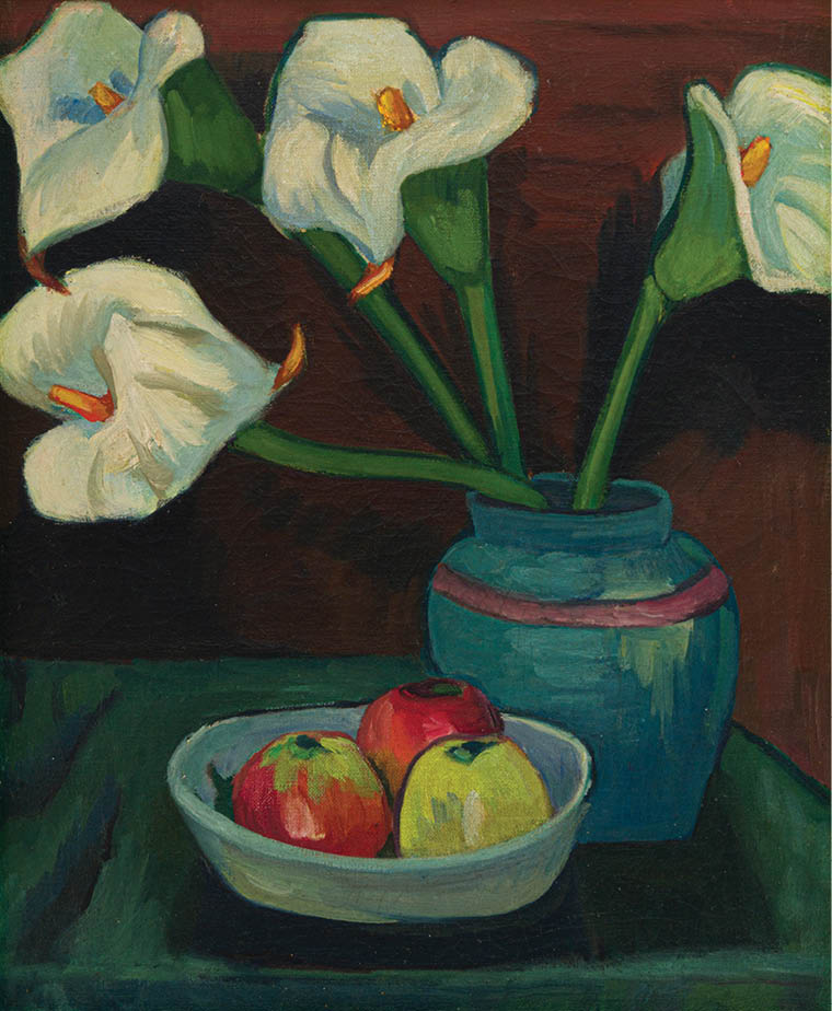A blue vase with flowers and a bowl of fruit. Description generated by AI