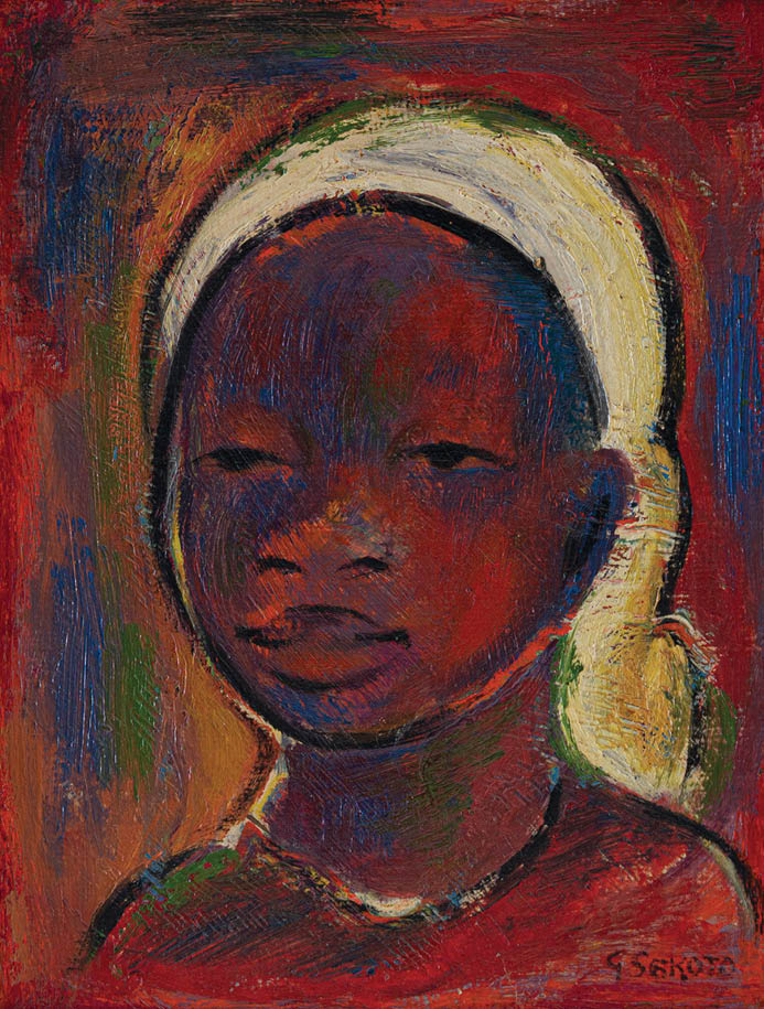 A painting of a young girl with a white headband. Description generated by AI