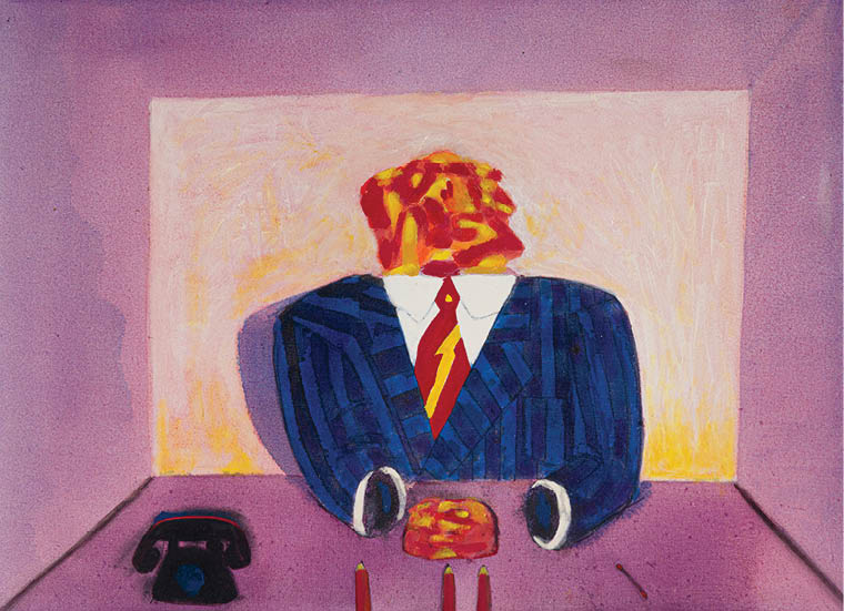 A man in a suit is sitting at a desk with a phone and a red tie. Description generated by AI