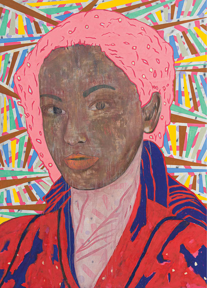 A woman with a red shirt and a pink headband. Description generated by AI