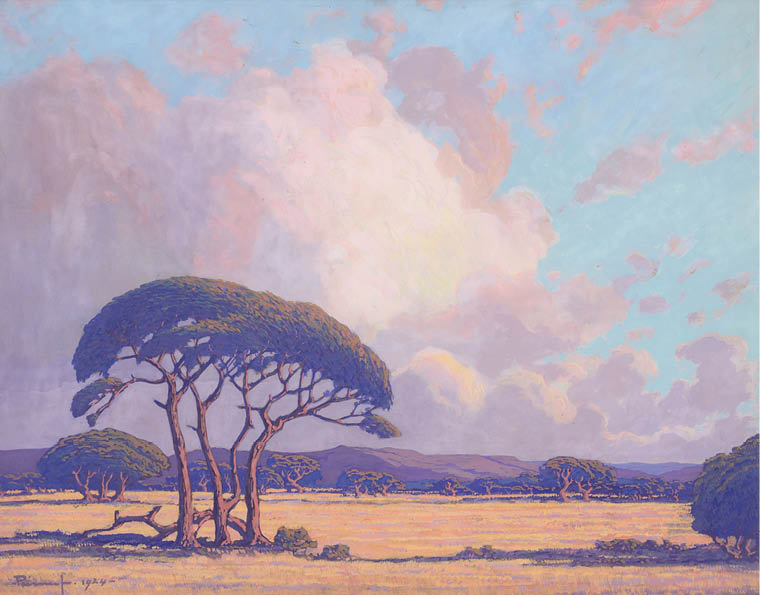 A painting of a field with three trees and a cloudy sky. Description generated by AI