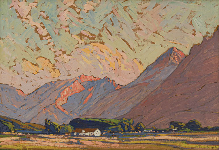 A painting of a mountain with a house in the valley. Description generated by AI