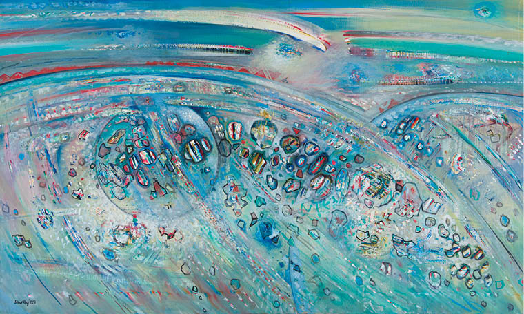 A painting of a wave with many circles in it. Description generated by AI
