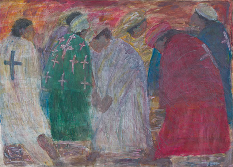 A painting of a group of people in green, red, and purple robes. Description generated by AI