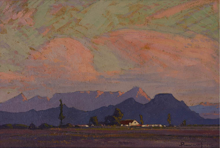 A painting of a mountain village with a cloudy sky. Description generated by AI