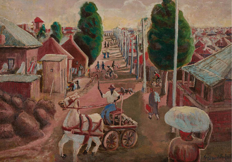 A painting of a street scene with people walking and riding horses. Description generated by AI