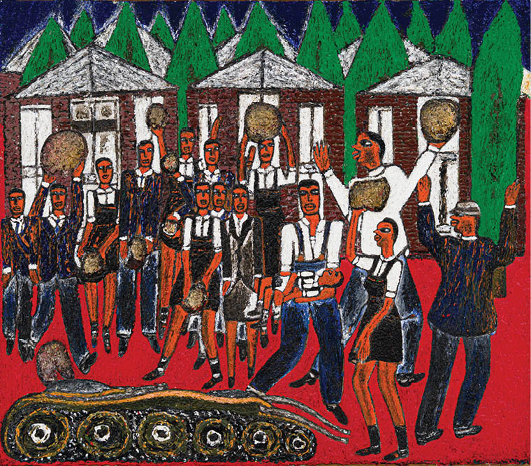 A group of people are standing around a large tank. Description generated by AI