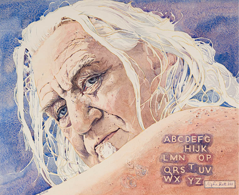 A painting of a man with white hair and a beard. Description generated by AI