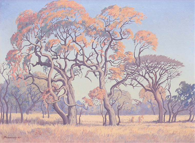 A painting of a field with trees and a blue sky. Description generated by AI