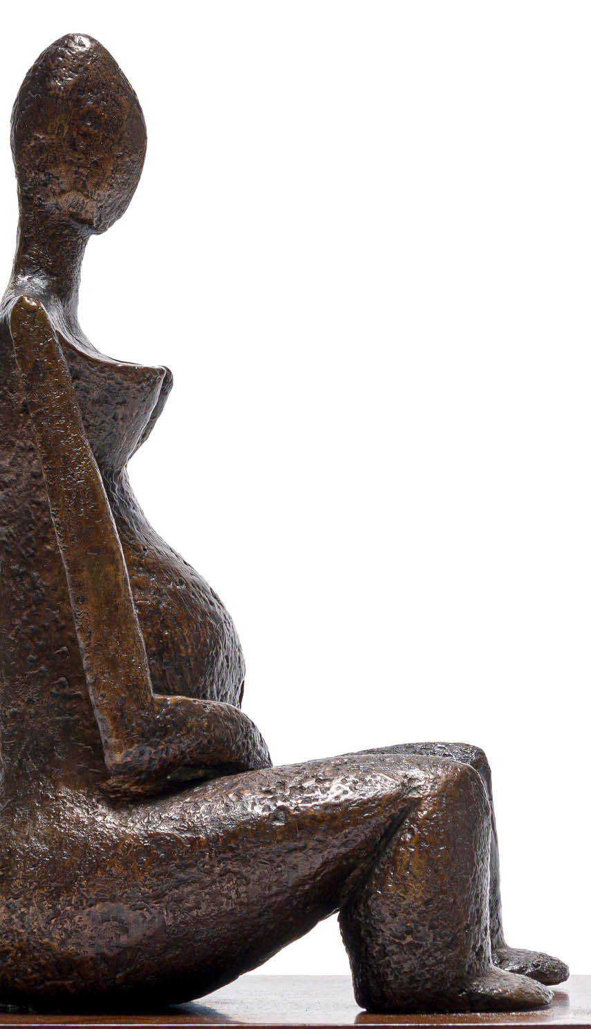 A statue of a pregnant woman sitting on a wooden base. Description generated by AI