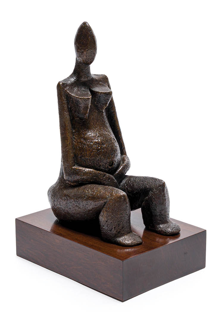 A statue of a woman sitting on a wooden base. Description generated by AI