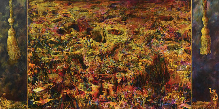 A painting of a field with a yellow background. Description generated by AI
