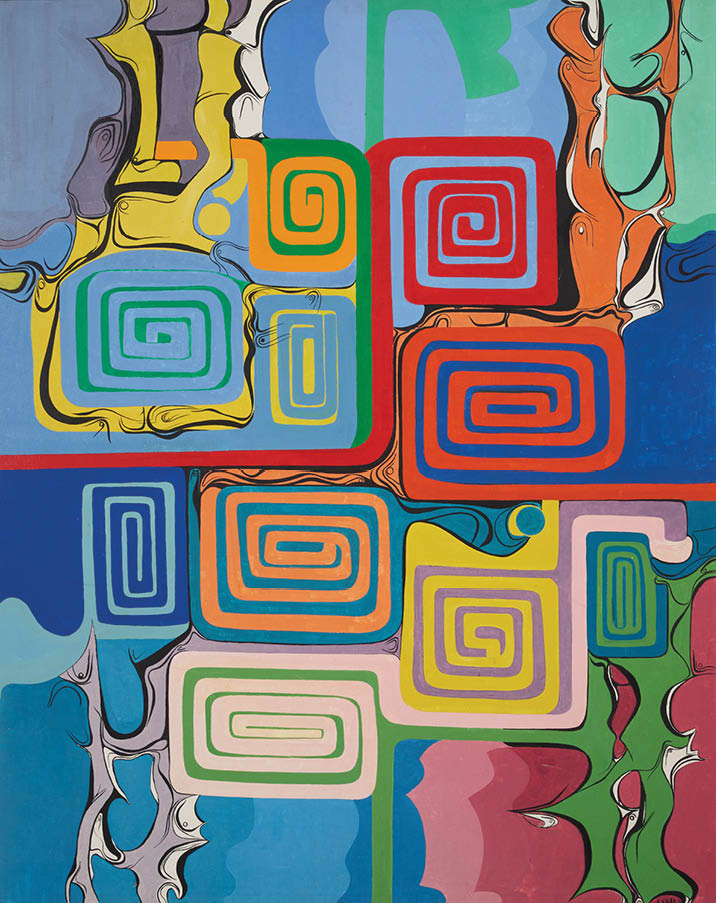 A painting of a colorful pattern with a blue background. Description generated by AI