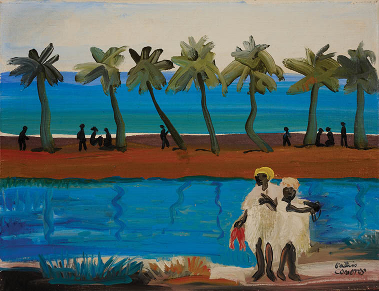 A painting of a beach scene with people and palm trees. Description generated by AI
