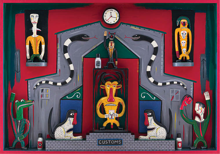 A painting of a man sitting in a chair with a clock on the wall above him. Description generated by AI