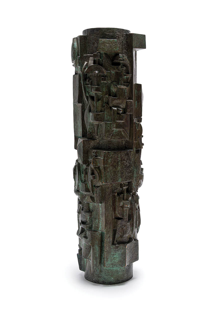 A tall, thin, and dark green sculpture. Description generated by AI