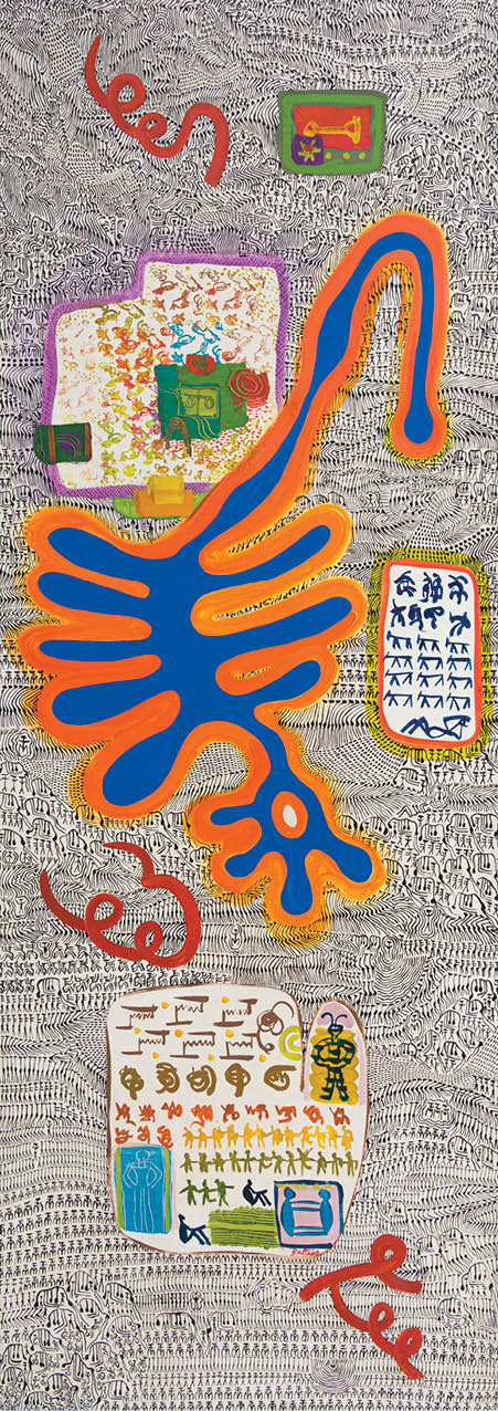 A colorful drawing of a bird with a blue head and orange body. Description generated by AI