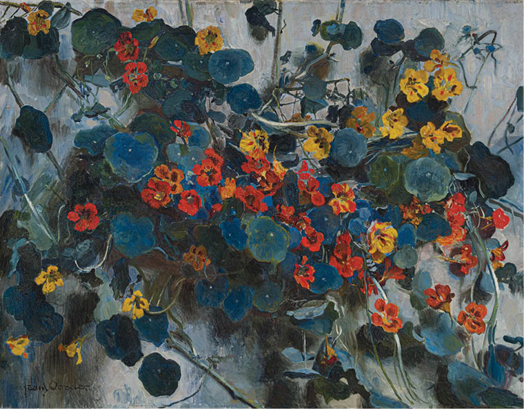 A painting of a flower with red, yellow, and blue flowers. Description generated by AI