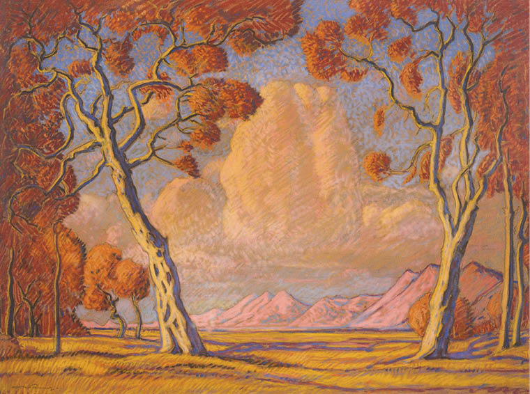 A painting of a field with trees and mountains in the background. Description generated by AI