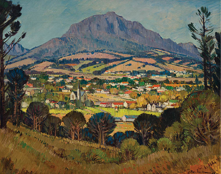 A painting of a town with a mountain in the background. Description generated by AI
