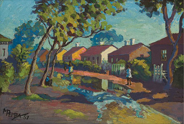 A painting of a street with a woman walking. Description generated by AI