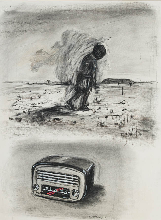A drawing of a person standing in front of a radio. Description generated by AI