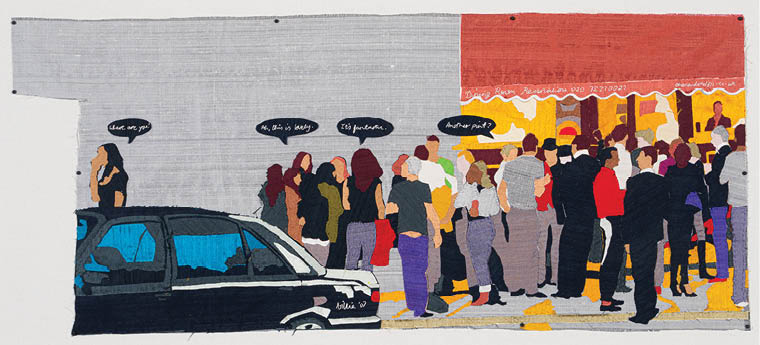 A painting of a street scene with people and cars. Description generated by AI