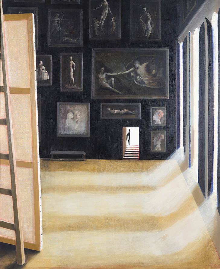 A painting of a man in a black room. Description generated by AI