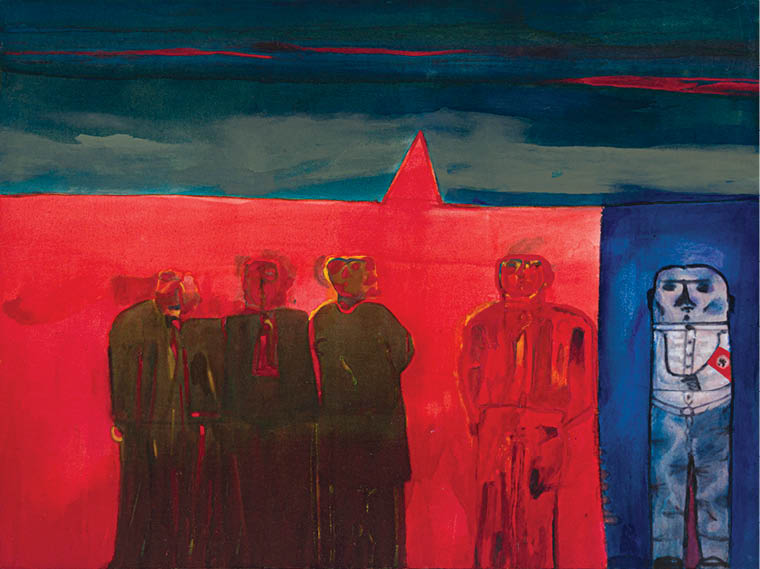 Three people standing in front of a red wall. Description generated by AI