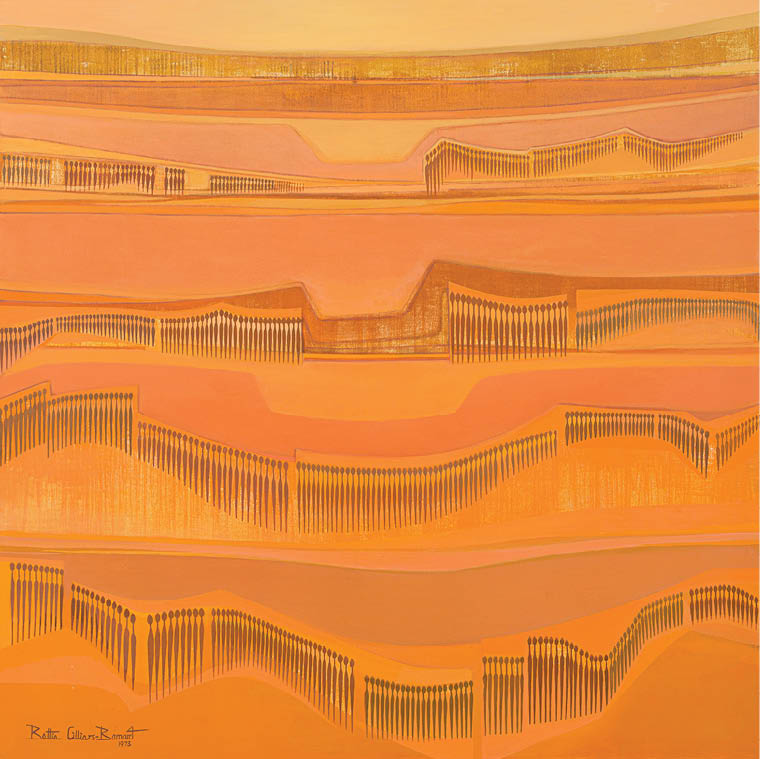 A painting of a fence with a yellow background. Description generated by AI