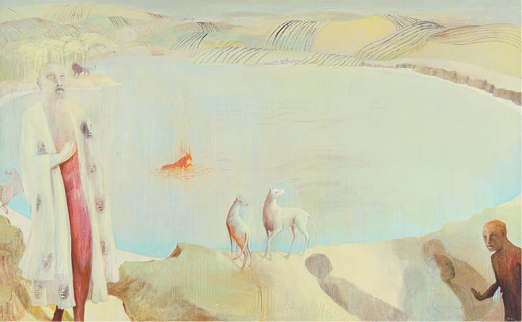 A painting of a man standing on a hill overlooking a body of water with several sheep and a dog. Description generated by AI