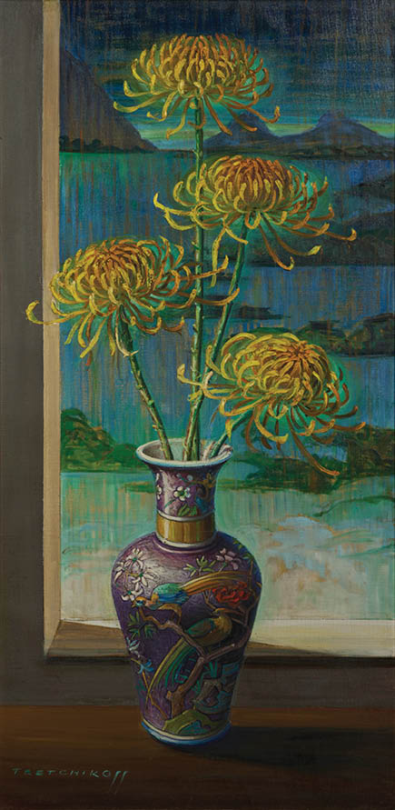 A vase with yellow flowers in it. Description generated by AI