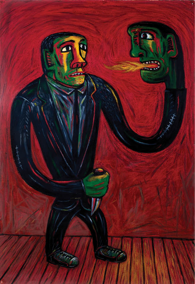 A man wearing a black jacket and holding a knife. Description generated by AI