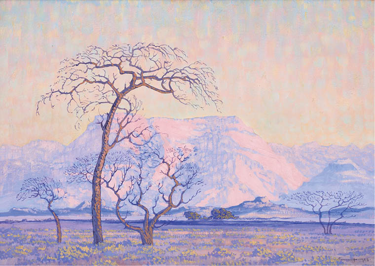 A painting of a mountain with trees and a blue sky. Description generated by AI