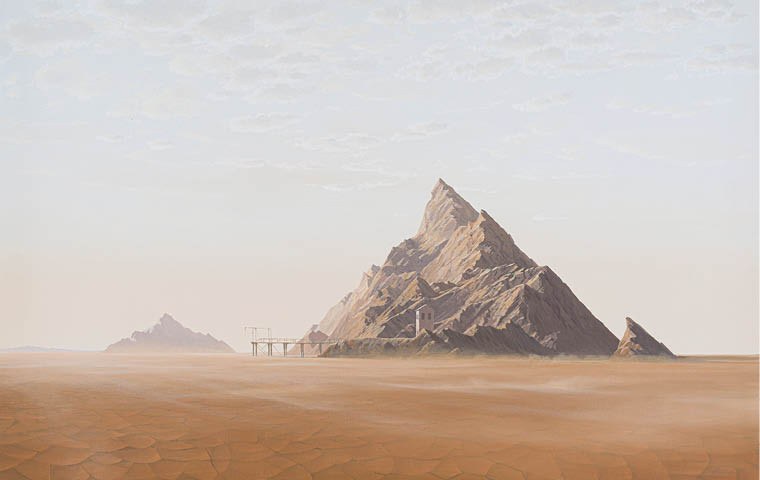 A mountain with a rocky peak and a small building in front of it. Description generated by AI
