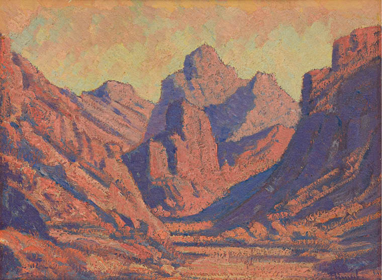 A painting of a mountain range with a blue sky. Description generated by AI