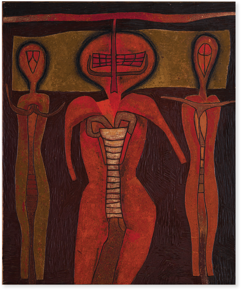 A painting of three figures, one of which is a woman with a red dress. Description generated by AI