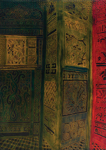 A door with a yellow and red frame. Description generated by AI