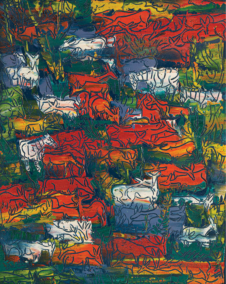 A painting of a herd of animals with red, orange, and green colors. Description generated by AI