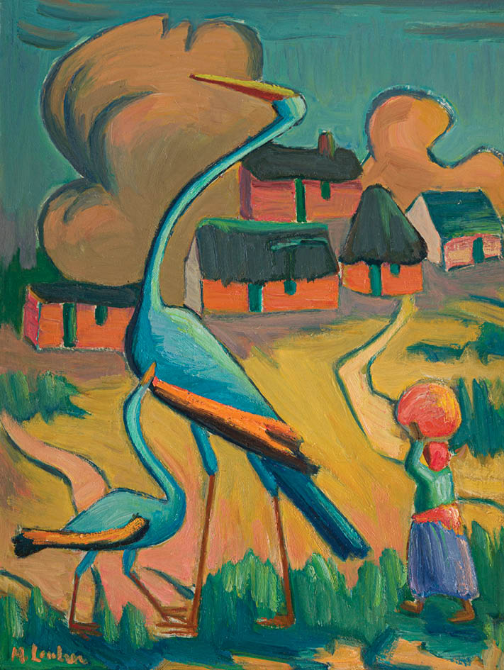 A painting of a blue bird with an orange beak standing in a field. Description generated by AI