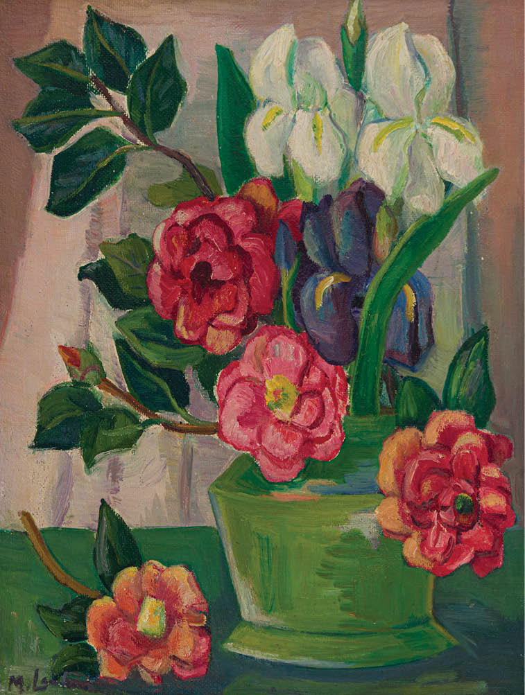 A green vase with a bouquet of flowers. Description generated by AI