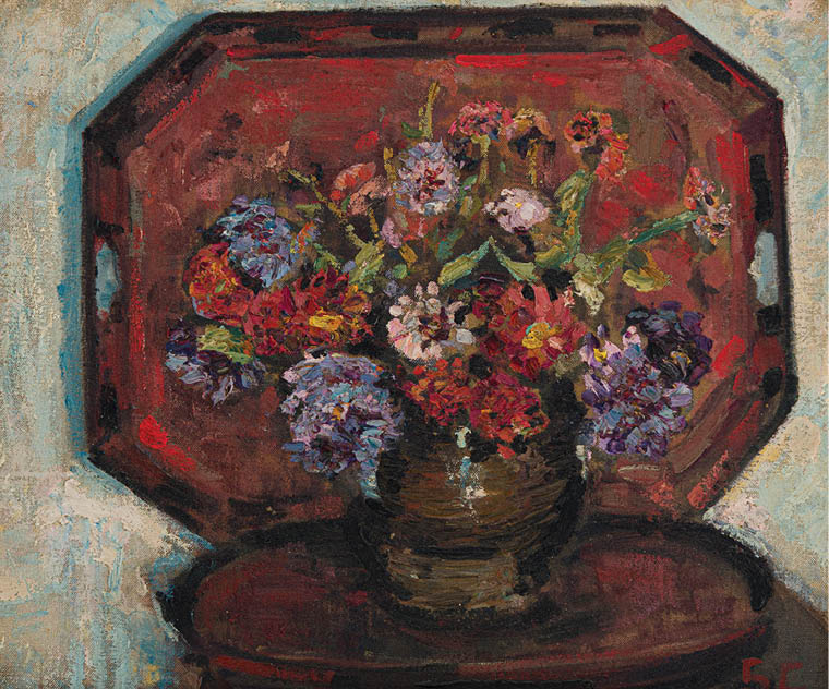 A red box with a vase of flowers in it. Description generated by AI