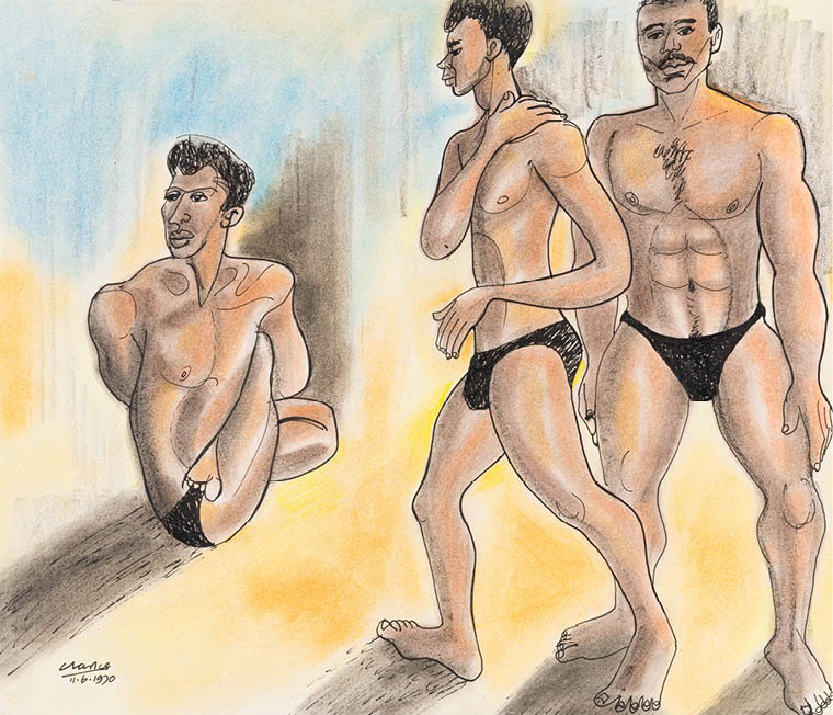Three men are standing in a room. Description generated by AI