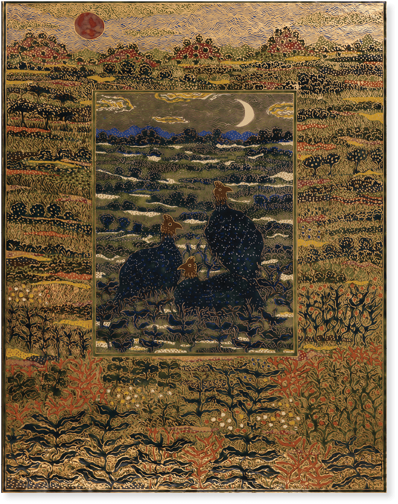 A painting of two people sitting in a field with a moon in the background. Description generated by AI
